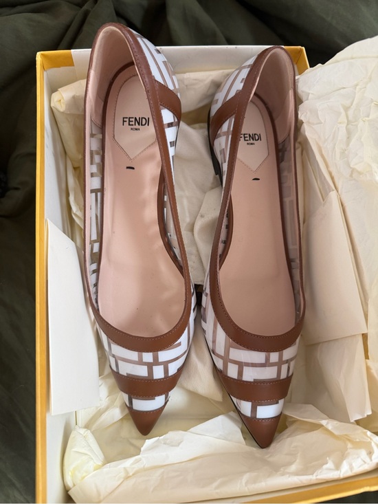 Fendi Shoes - Fendi Brown & White Pointed-Toe Logo-Print Flats